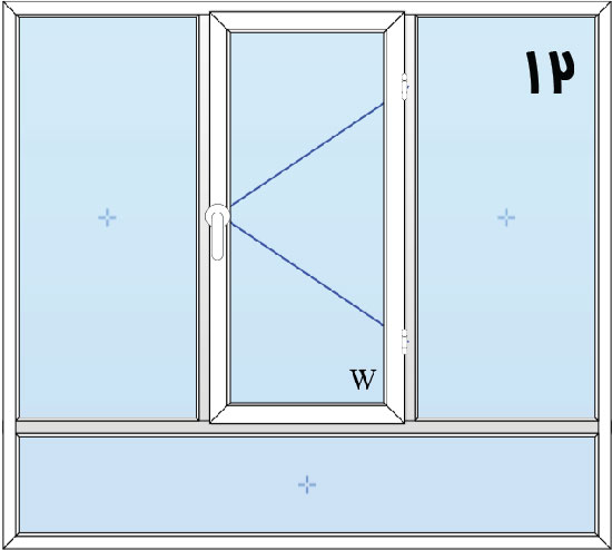 12-پنجره لولایی سه لنگه(وسط بازشو) با کتیبه پایین
