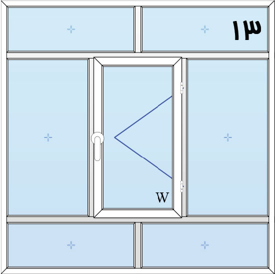 13-پنجره لولایی سه لنگه(وسط بازشو) با کتیبه بالا و پایین